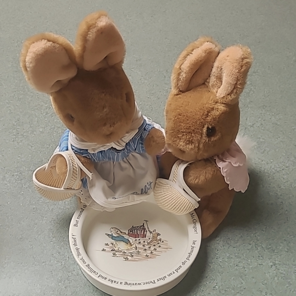 Peter Rabbit Wedgwood child's dish and 2 stuffed animals.  Mrs. Rabbit & Flopsy.